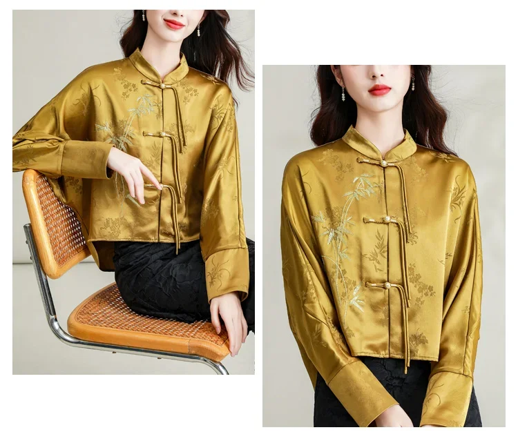 Satin Women\'s Shirts Spring/summer Print Chinese Style Blouses Loose Long Sleeves Vintage Women Tops Fashion Clothing