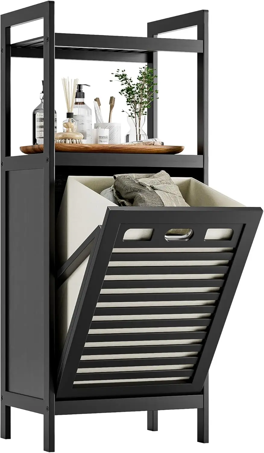 

Tilt Out Laundry Hamper, Bamboo Bathroom Cabinet with Pull Out Removable Bag and 2 Tier Storage Shelves, 10 Gal Clothes Basket,