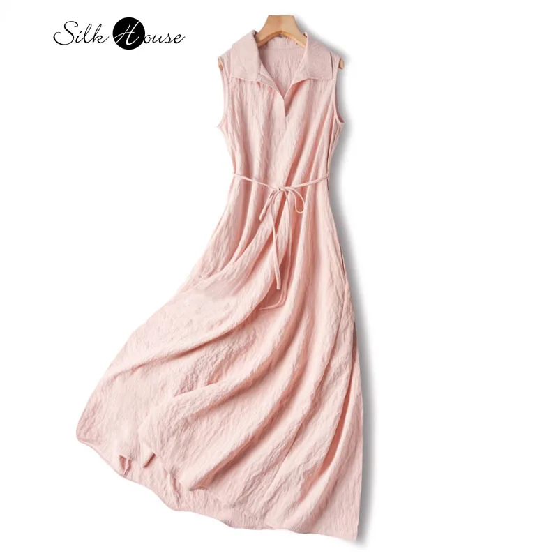 

78% Natural Mulberry Silk Dry Silk Women's Summer New Style Simple and Fashionable Temperament Turn-down Collar Tie Vest Dress