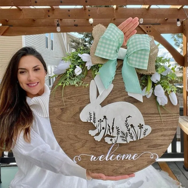 Easter bunny door sign welcome sign home decoration wooden sign pattern wood decoration listing