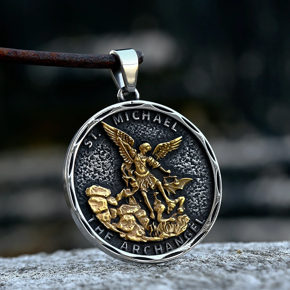 Classic Fashion Stainless Steel St. Michael Archangel Pendant For Men Punk Biker Vintage Amulet Necklace Charm Jewelry Wholesale