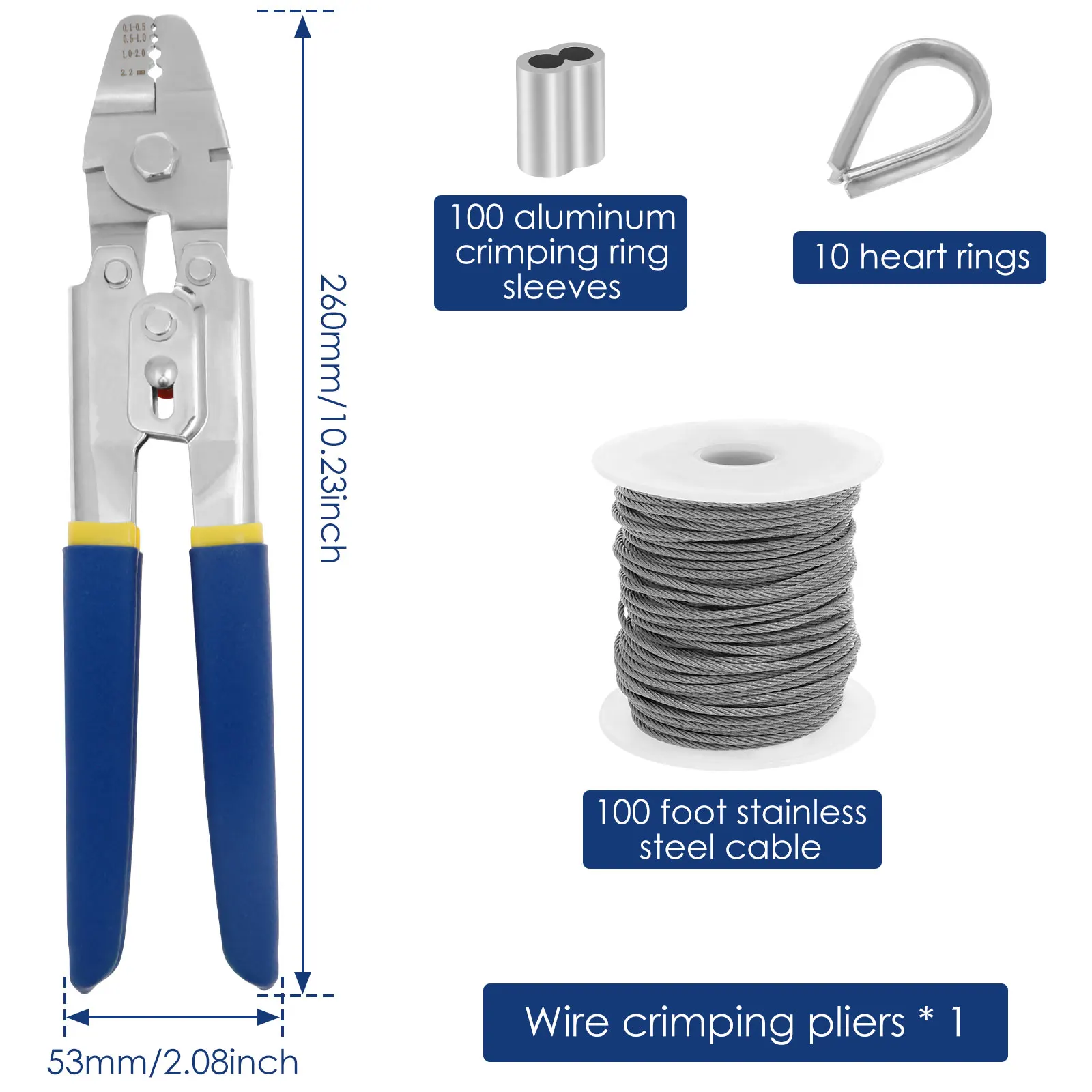 Wire Crimping Tool Kit 100FT Stainless Steel Cable 100pcs Aluminum Crimping Loop Sleeve and 10pcs Wire Rope Thimble for Railing
