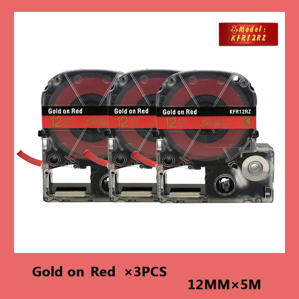 3PCS Satin Ribbon Gold on Red 12mm*5m Compatible for Epson Printer Satin Ribbon SFR12RZ Tape   Best for Gifts Wrapping DIY