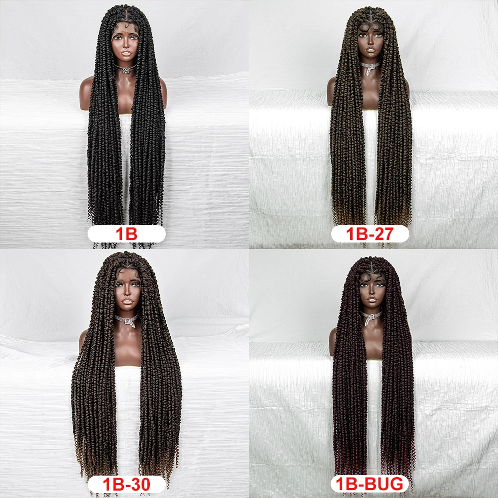 40 Inci Wig Kepang Sintetis Penuh Renda Depan Wig untuk Wanita Kulit Hitam Tanpa Tali Kotak Brading Wig Sintetis Penuh Renda Depan