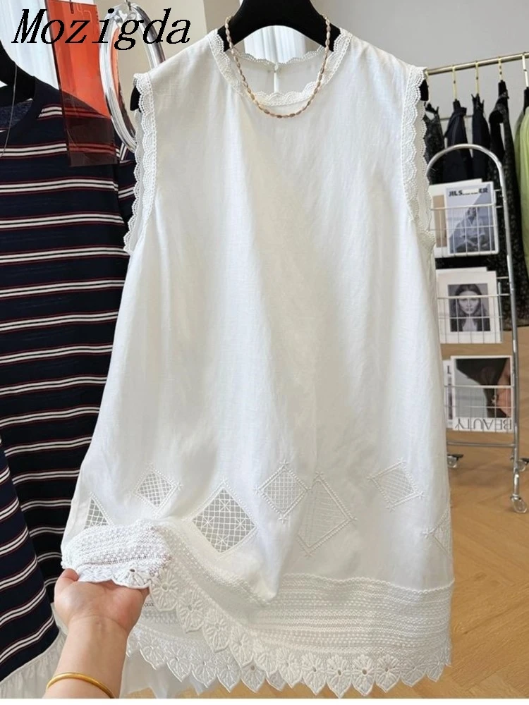 Vestido camisero de encaje de verano de gran tamaño para mujer, vestido sin mangas a la moda para mujer, Vestidos holgados Retro de Color contrastante para mujer