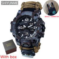 SHIYUNME LED Outdoor Survival Watch Compass Thermometer Waterproof Men's Sports Watch Tactical Paracord Men Dual Display Watches