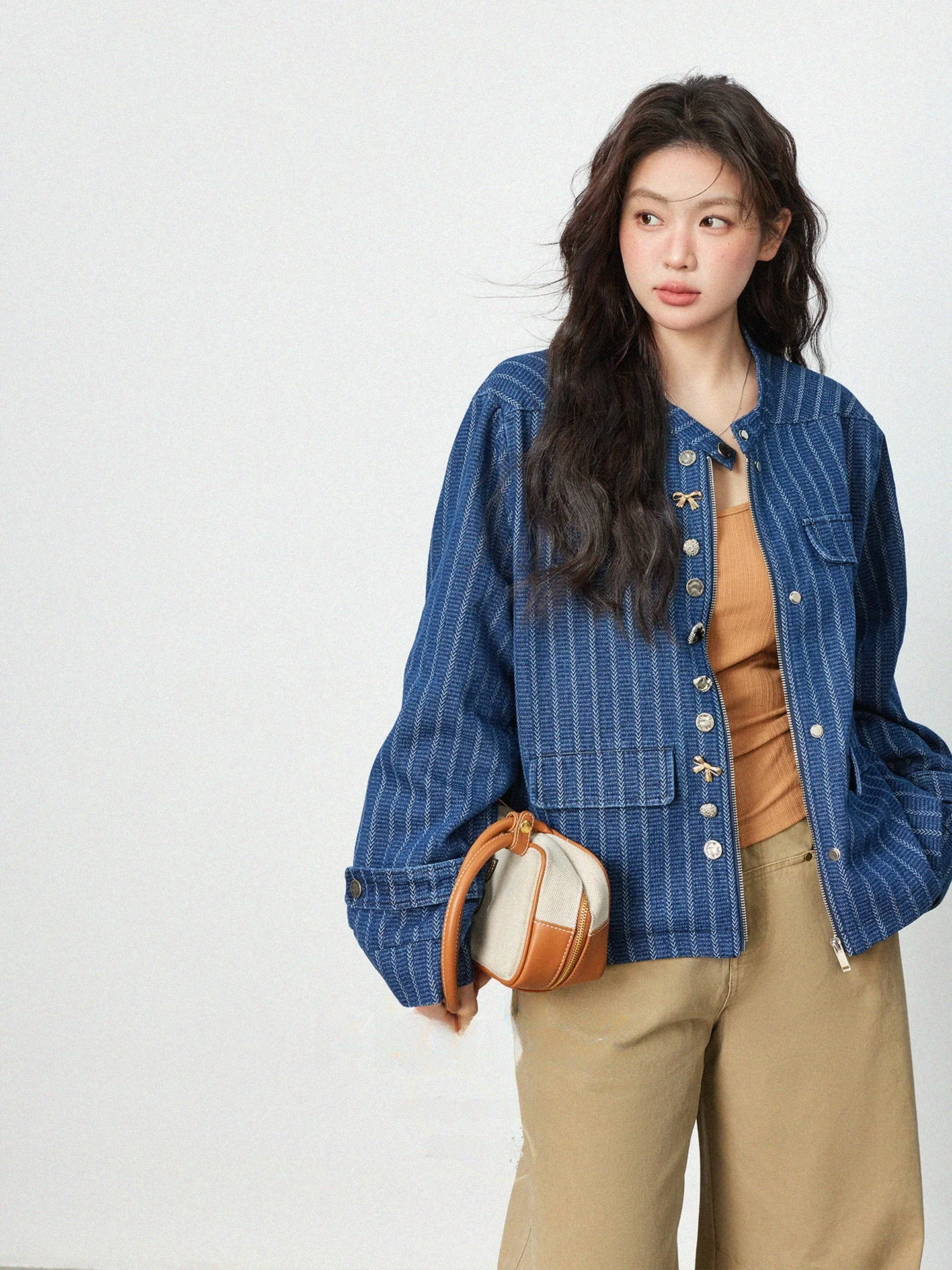 

plus Size Blue Striped Denim Jaet Loose Long Sve Commute Sle Women's Faion Spring New Arrival Slimming Outerwear