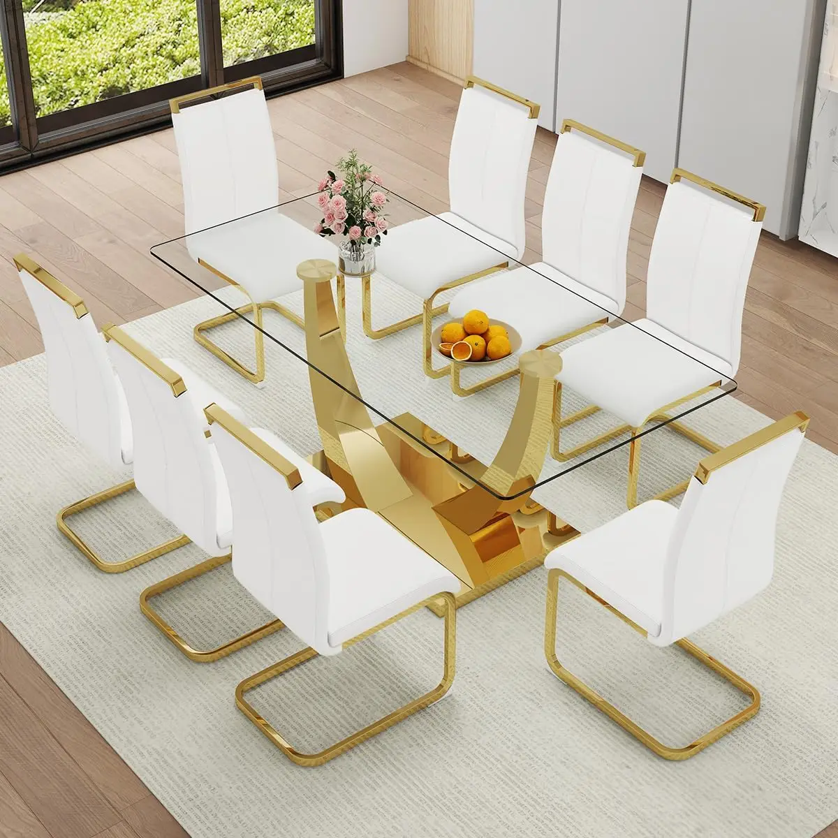 

71” Glass Dining Table Set for 8,Gold Dining Room Table Set for 6,Modern Kitchen Table and PU Leather Chairs for 8