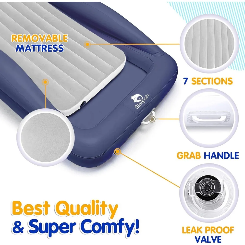 مجموعة مرتبة هوائية محمولة للأطفال الصغار قابلة للنفخ من Sleepah مع واقيات للسكك الحديدية الآمنة للأطفال والأطفال الصغار - تتضمن مضخة، C