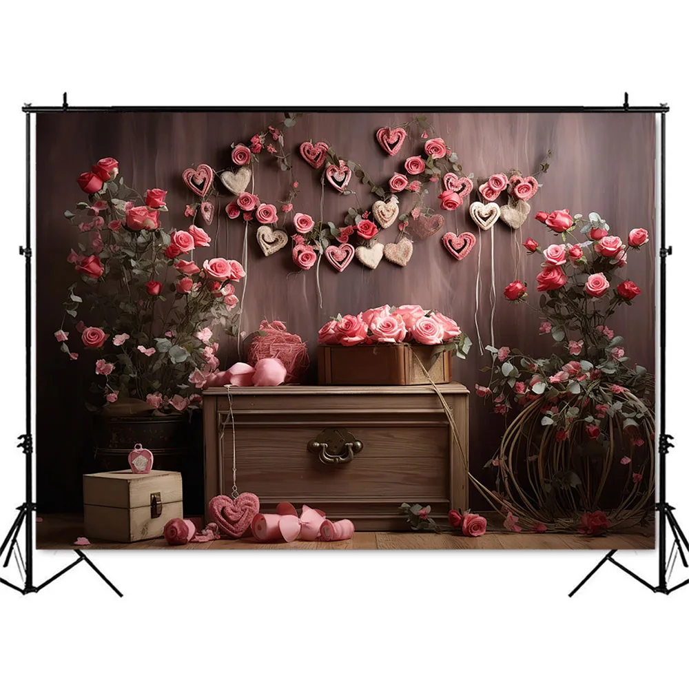 Valentine's Day Backdrop Newborn Kids Cake Samsh Portrait Background Love Heart Flower Wall Wood Board Photoshoot Props Banner
