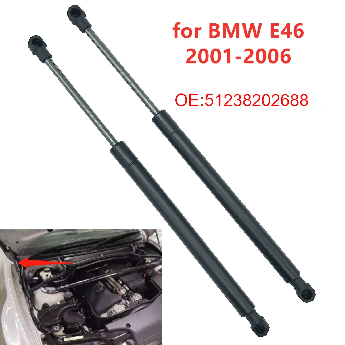 Front Engine Cover Hood Shock Gas Strut Lift Support Rod Bar 51238202688 for BMW 3 Series E46 323 325 328 330 M3 2001-2006