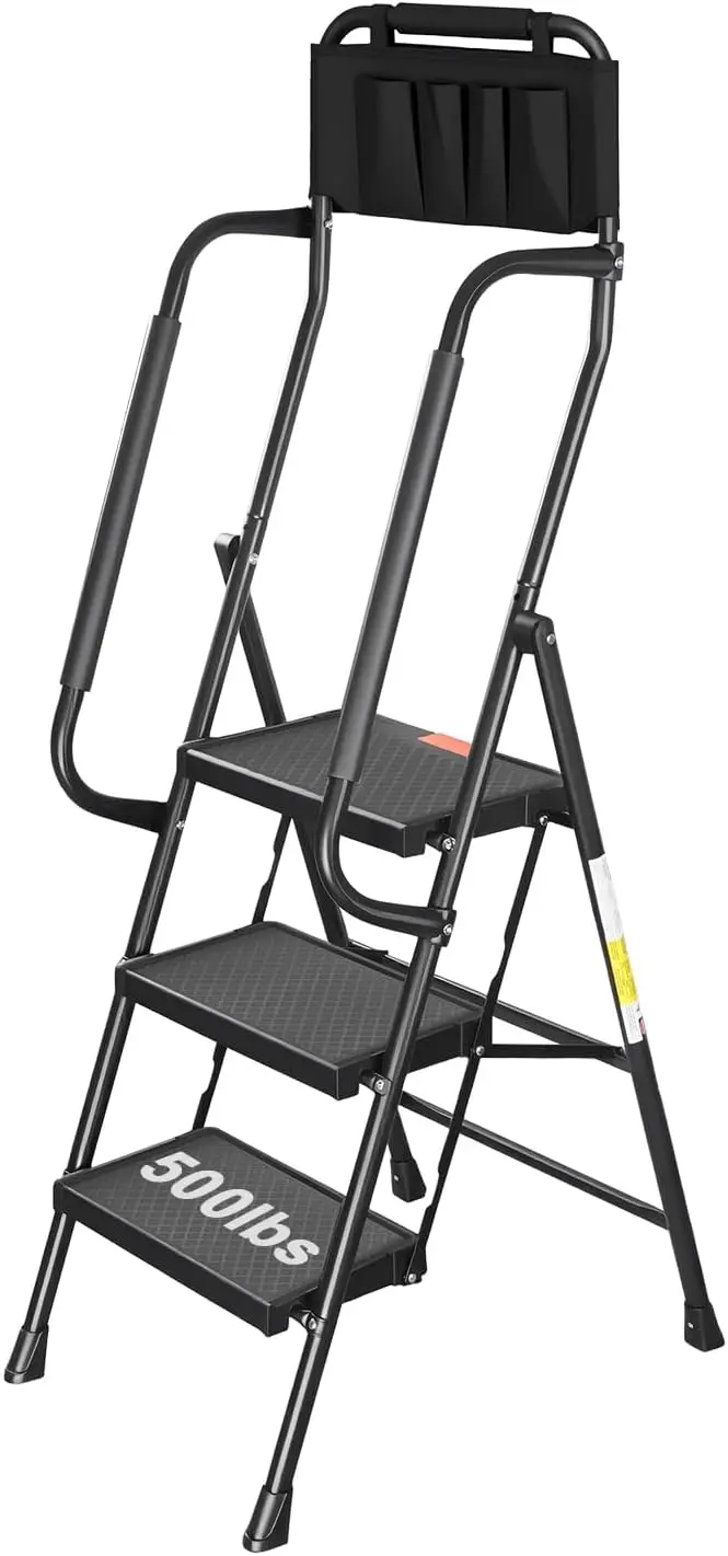 

3-Step Folding Ladder with Handrails, 500 lbs Capacity, Lightweight & Storage, Multi-use for Home Kitchen Office in Black