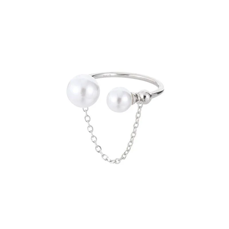 PANJBJ 925 Sterling Silver Pearl Geometry Ring For Women Chain Open Fashion Sweet Tassel Jewelry Party Gift Dropshipping