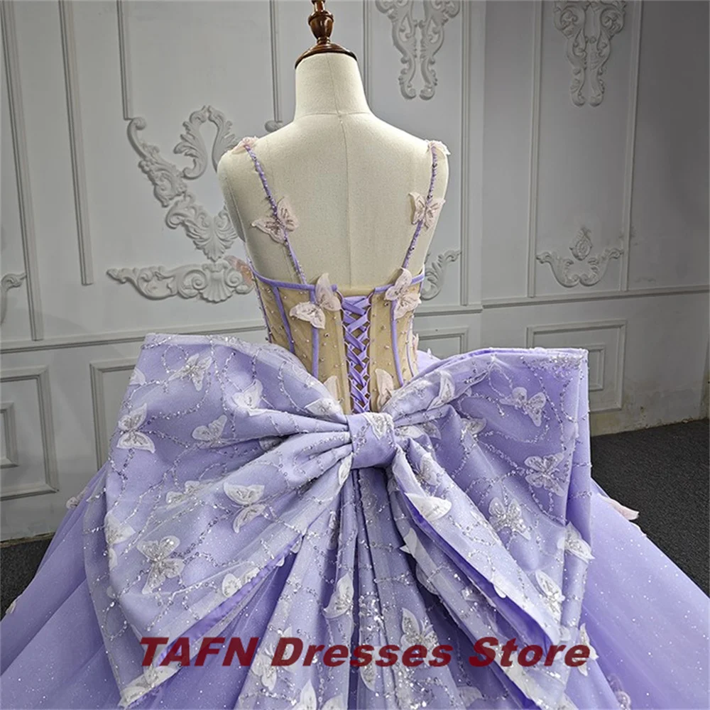 TAFN-vestidos de Quinceañera de ensueño púrpura, vestido de baile con tirantes finos, apliques de mariposa, línea A, lazo con cordones, tren de la capilla