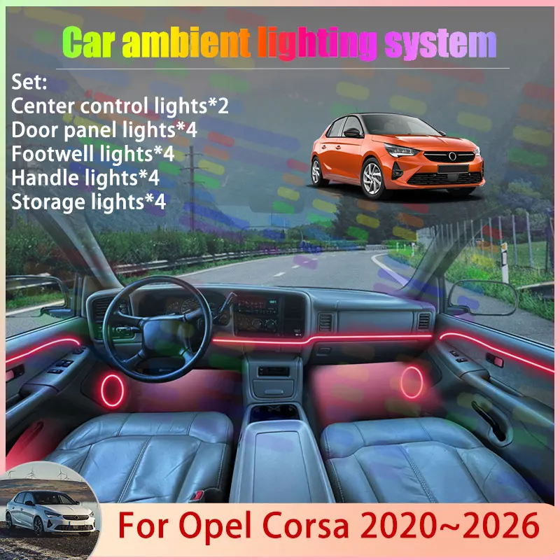 

Для Opel Corsa 2020~2026 F P2JO Vauxhall 2021: Комплект атмосферной RGB-подсветки салона 2/24 в 1 с эффектом бегущих огней