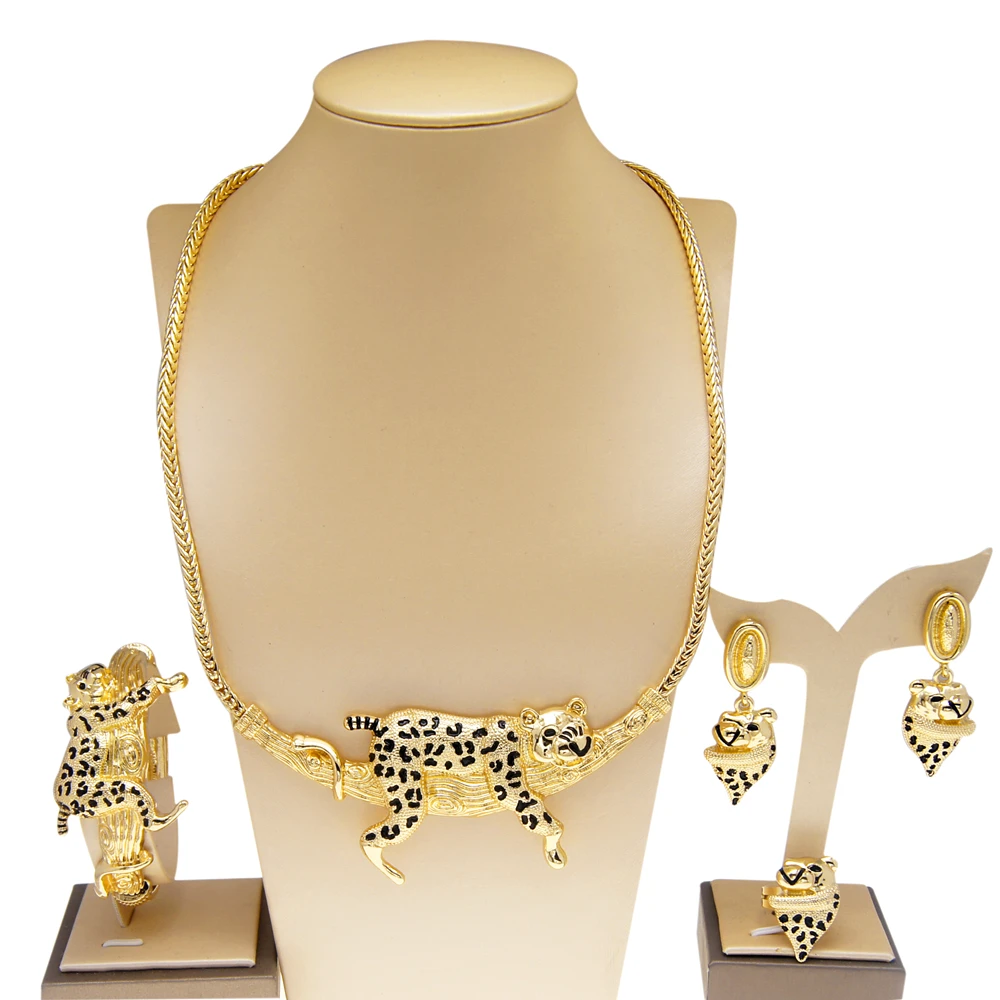 

Женский комплект ювелирных изделий Дубай, животный дизайн, леопардовое ожерелье, кольца, браслеты и серьги на голову, украшения на голову леопарда