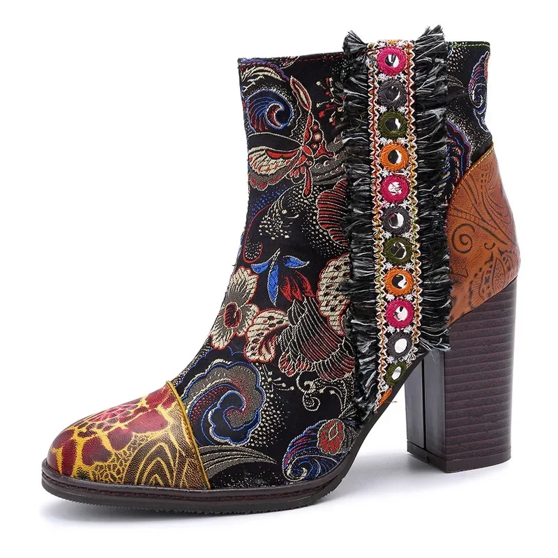 

Women Boots New Retro Genuine Leather Printing Splicing 7CM Thick High Heel Zipper Dress Short Boots Ladies Shoes Women Shoes