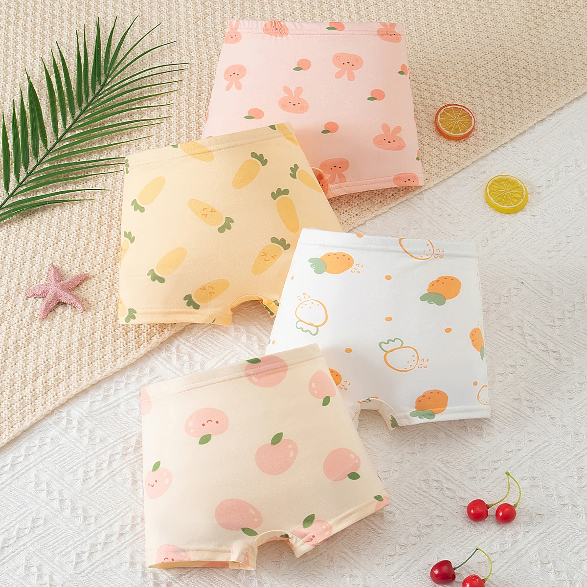 4-Piece Set of Sweet and Cute Fruit Printed Underwear for Girls Elastic Waist Flat Angle Pants Comfortable Home Versatile Shorts