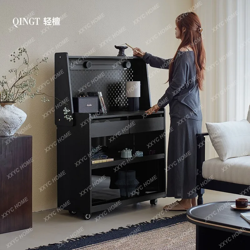

ML Light sandalwood medieval solid wood movable dining side cabinet with wheel sofa integrated locker coffee and tea cabinet