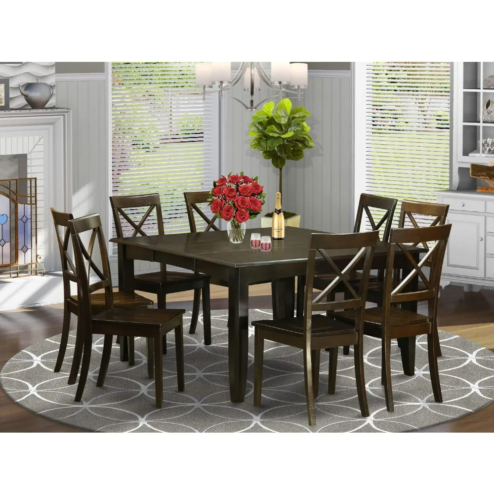 

9 Pcs Modern Dining Table Set Includes a Square Wooden Table with Butterfly Leaf and 8 Kitchen Dining Chairs, Kitchen Table Set