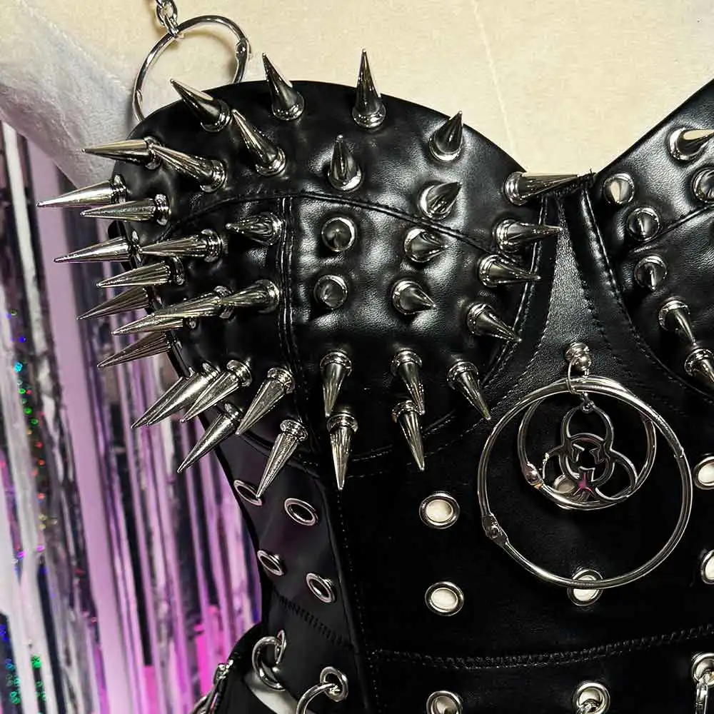 الجرونج لتقوم بها بنفسك يدوية Y2K القمم Harajuku ملابس للنادي القوطية القوطي ايكو سبايك رصع برشام E-الفتيات O-حلقة في سن المراهقة الشرير الصخرة ايمو #5