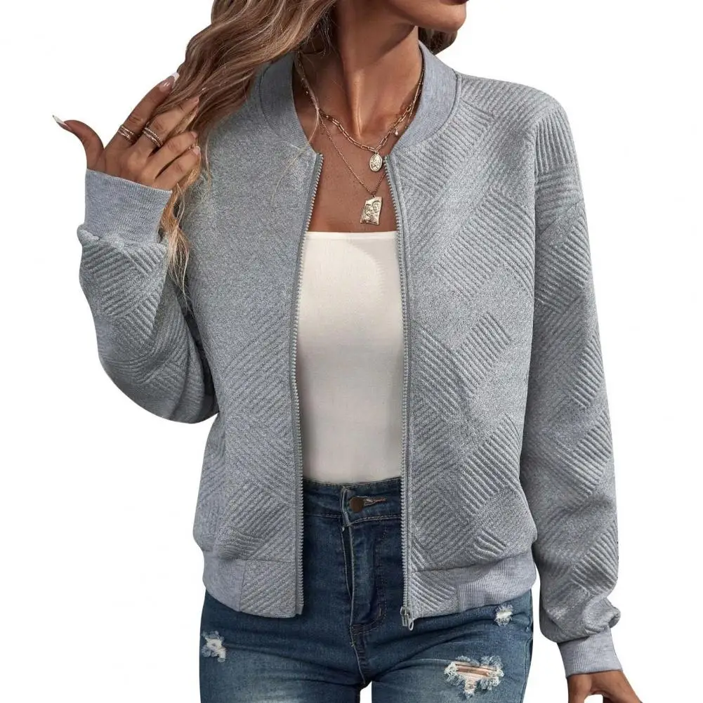 

Textured Jacquard Fabric Jacket Coat Stylish Fall Winter Women's Zip-up Jacket with Detail Elastic Cuff Hem Stand Collar for A