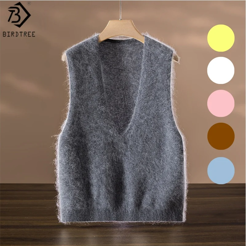 

Birdtree 90% Sheep Wool Solid Camisole,Women Knit Deep V-neck Sleeveless Fit Waistcoat Vest,2025 Summer Autumn Tops T58309JF