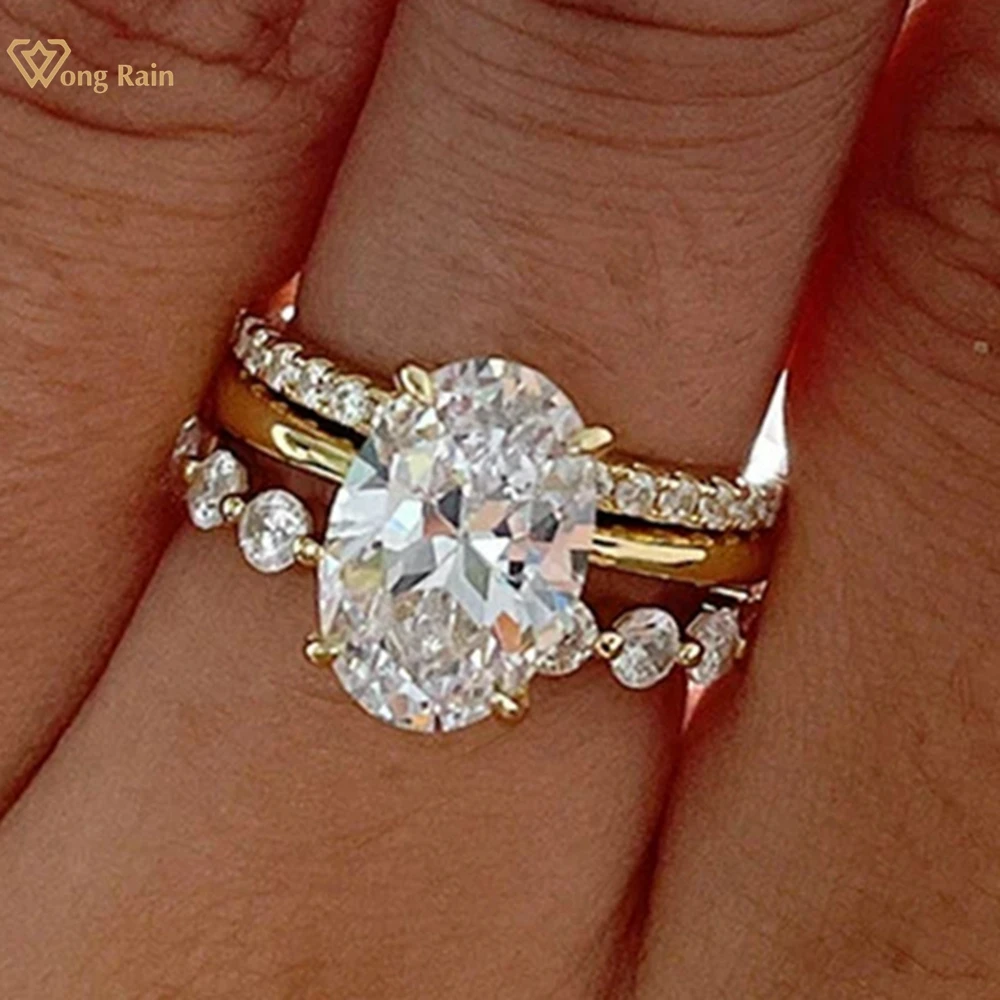 

Wong Rain Solid 925 Sterling Silver Oval Cut 8*12MM Lab Sapphire Gemstone Elegant Ring Sets 3Pcs Fine Jewelry Wedding Party Gift
