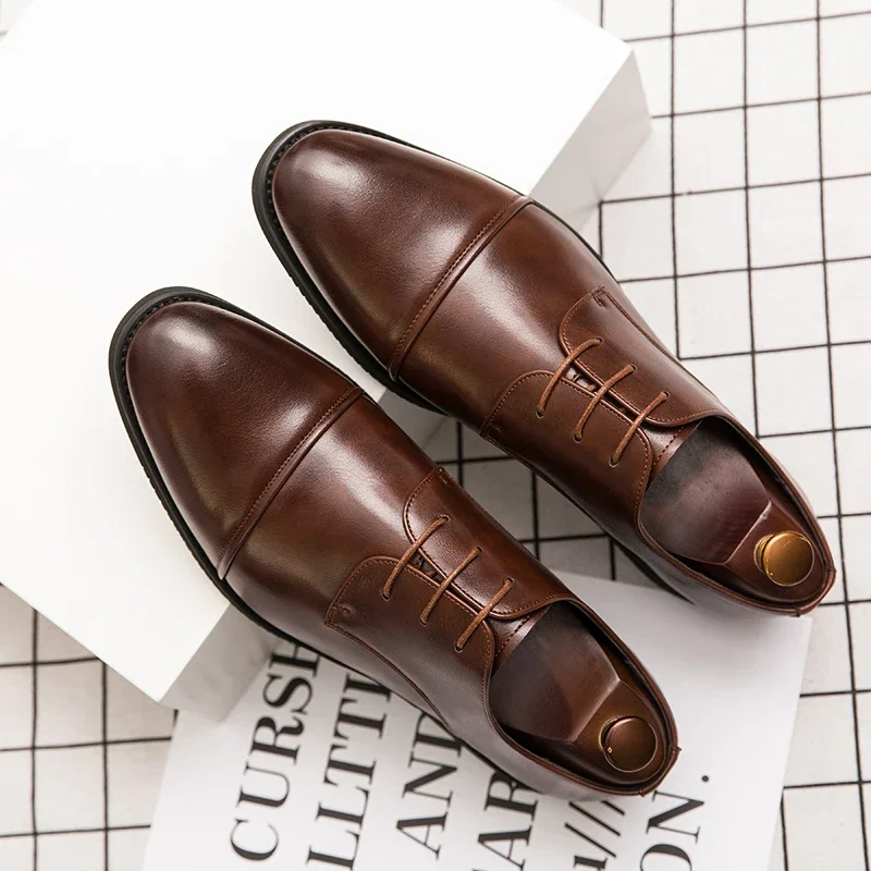 European Station Men  New Arrival Pointed Splice Casual Fashion Derby Leather Shoes Black Brown Sizes 38-48 Men Shoes