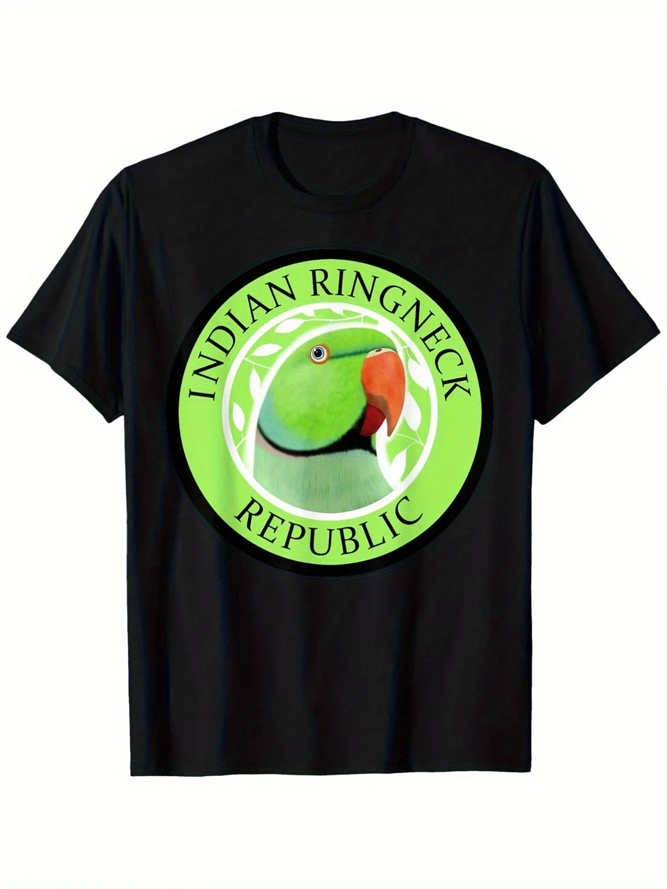 New Men's Indian Ringneck Parakeet Graphic T-Shirt - Black Shirt with Green & Orange Bird Design, Soft Everyday Casual Tee for B