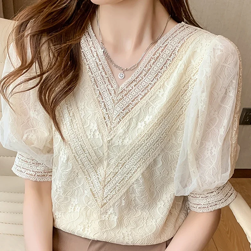 Summer Women V-Neck Lace Blouse Short Sleeve Blouse Women Blusas Mujer De Moda 2024 Verano Elegantes Blouses Femme Shirts E335