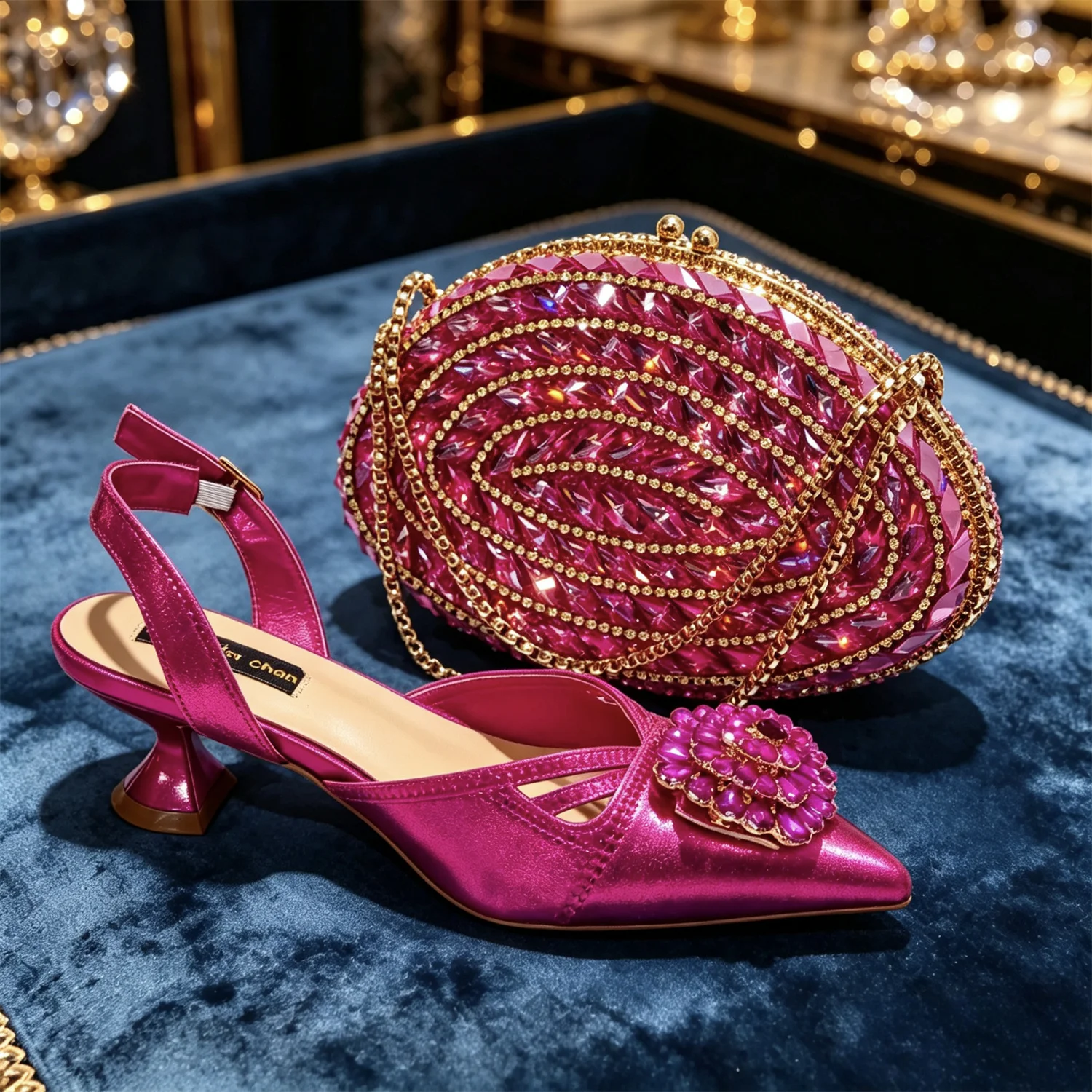 2026 Newst Hot Selling Pointed Toe Slingback Sandals with Bag Set in Fuchsia Color For Women Wedding Party
