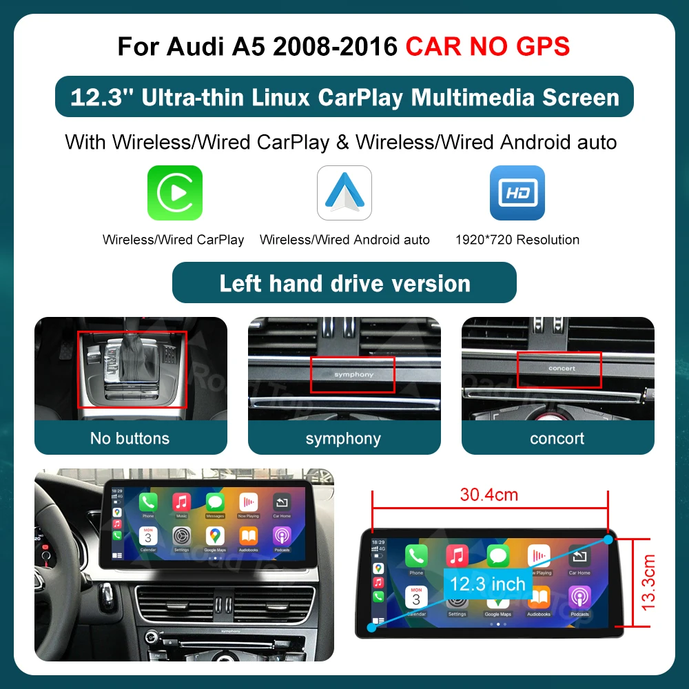 12.3 inch Draadloze CarPlay Multimedia Scherm Android Auto Voor Audi A5 2008-2016 Airplay Autolink