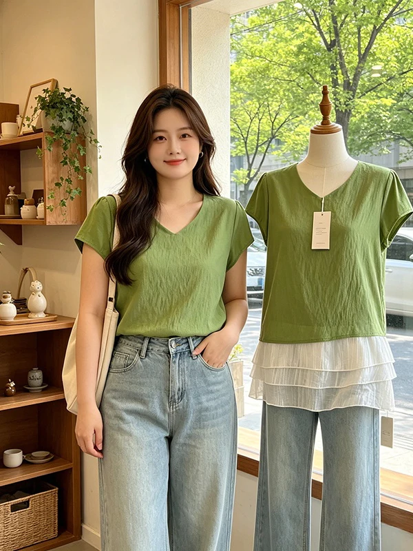 

Summer New plus Size Korean Style V-Neck Puff Sleeve Casual Shirt Color Block Short Sleeve Belly Concealing Chic Top
