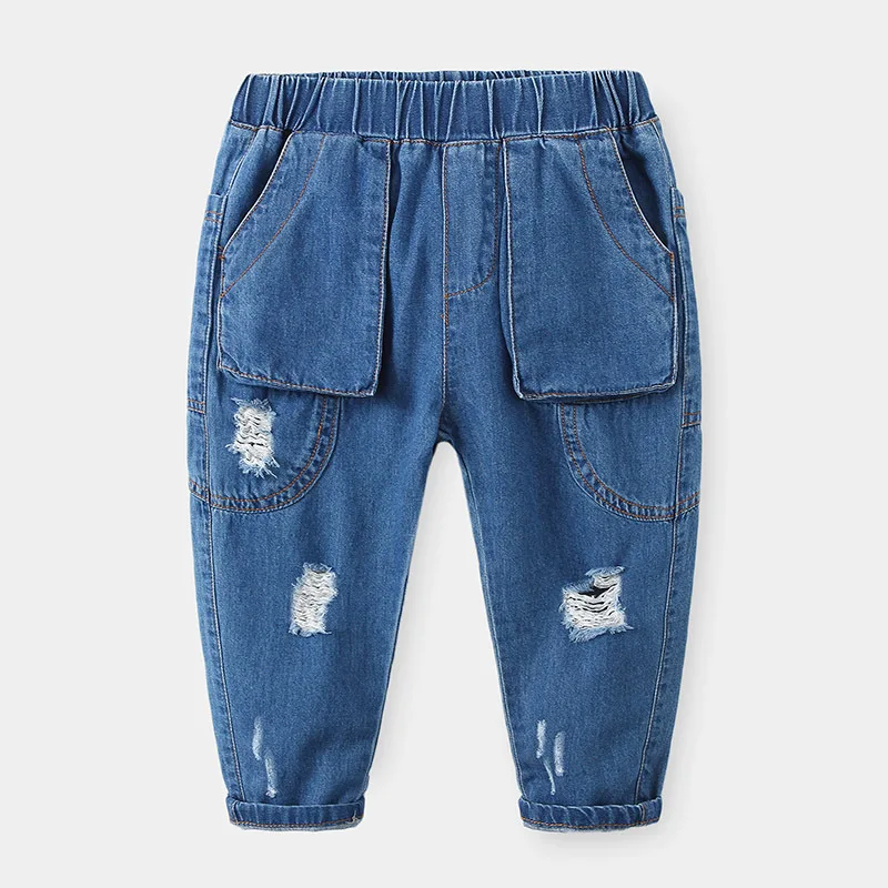 

New 2025 Spring Autumn Boys Fashion Solid Ripped Jeans Casual Long Trousers Kids Classic Elastic Waist Denim Pants for 2-6 Years