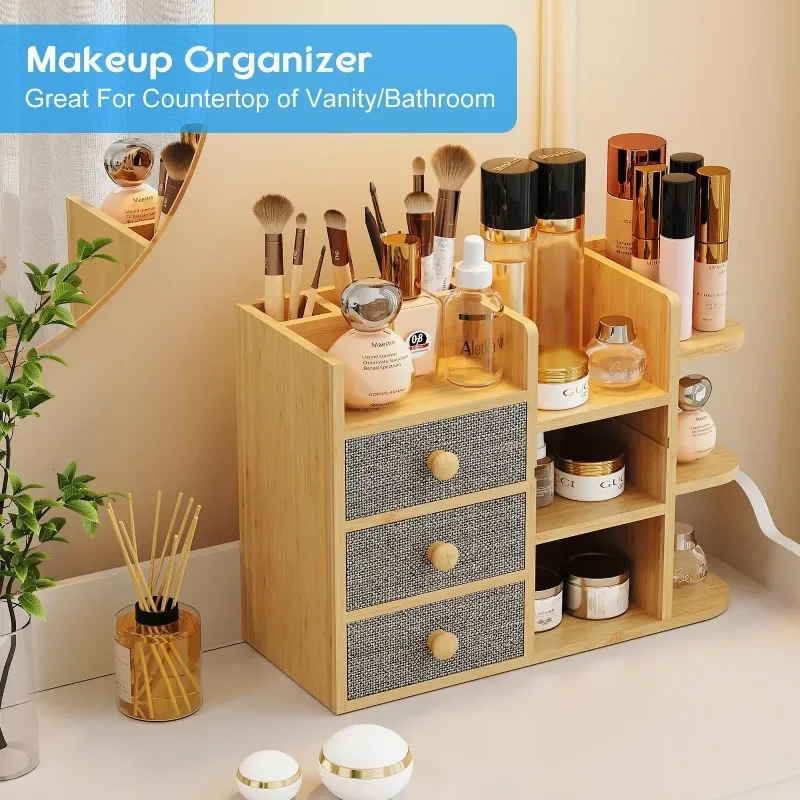 Upgrade Makeup Organizer Countertop,Large Capacity Cosmetic Skincare Organizers With 3 Makeup Brush Holder/3 Drawer/7 Shelf