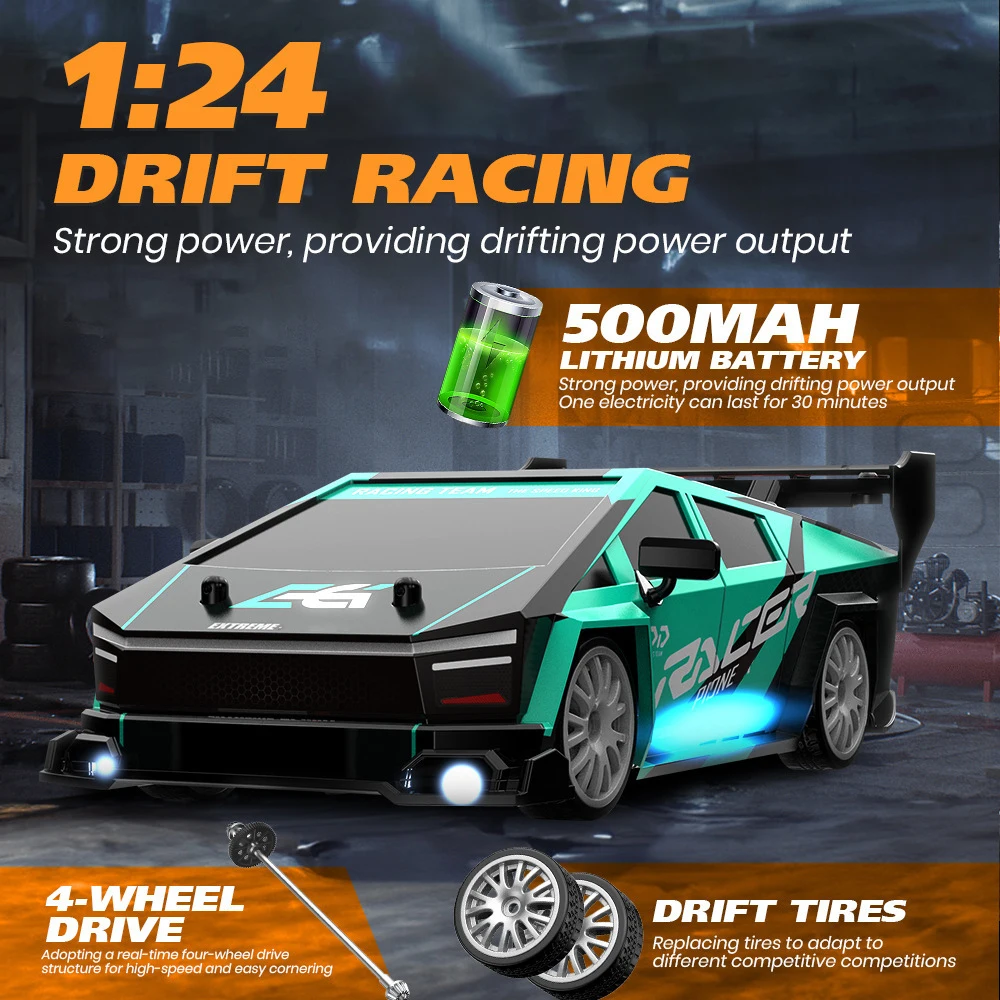 Coche de deriva con Control remoto de 2,4 GHz, 1:24, 20 KM/H, vehículo 4WD con control remoto de deriva de alta velocidad con luces delanteras, luces inferiores y traseras