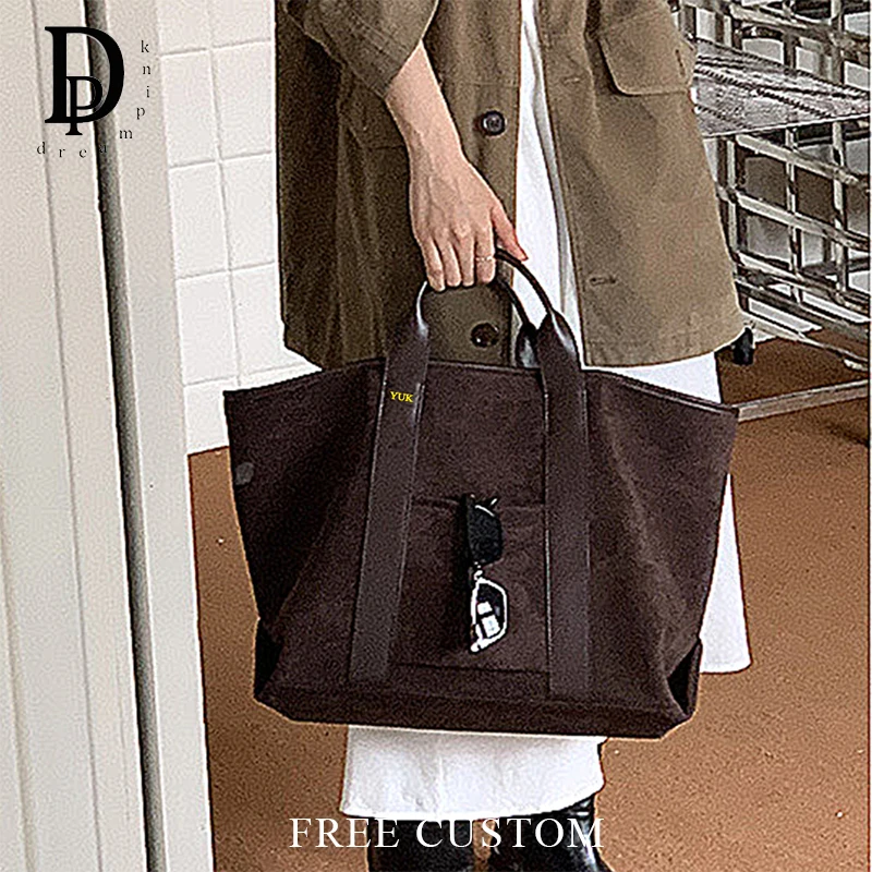 

Зимняя замшевая кожаная сумка большой емкости с буквами на заказ, женский модный портфель, деловая офисная винтажная сумка-тоут, сумка на плечо