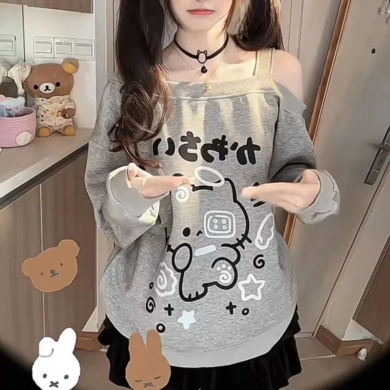 اليابان ثقافة فرعية المحملة المرأة القط طباعة مثير قبالة الكتف تي شيرت طويل الأكمام Harajuku Y2K الأسود Perppy نمط رداء علوي غير رسمي