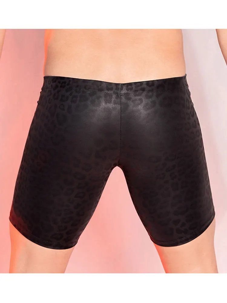 Pantalones cortos de PU para hombre, ropa Sexy con estampado de leopardo, ajustados, con bolsa para bulto en U, bóxer de gimnasio, moldeador de