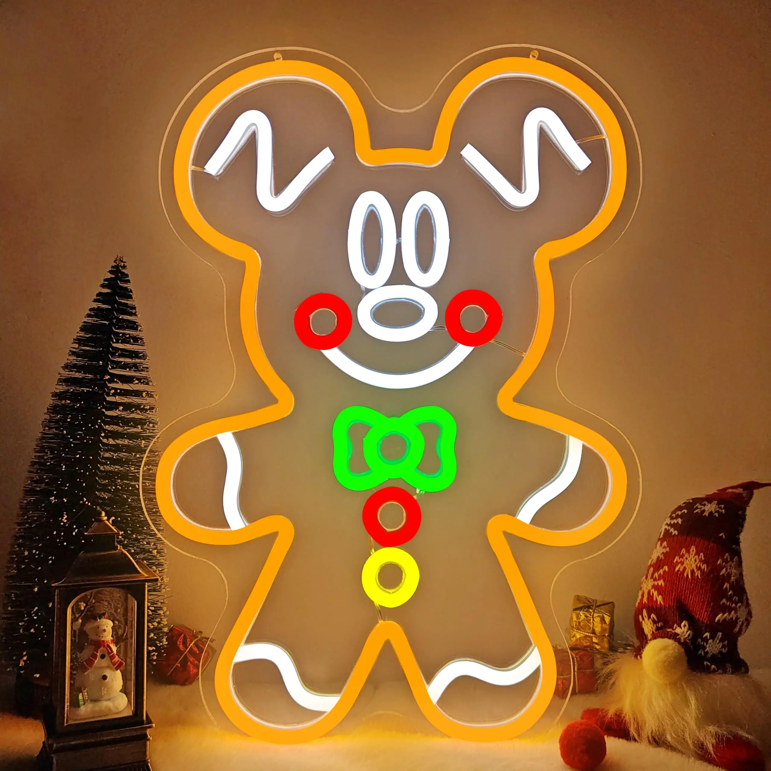 Gingerbread Man Neon Sign for Wall Decor Dimmable Switch Christmas Light Up Sign for Kids Bedroom Children Party Home Decor
