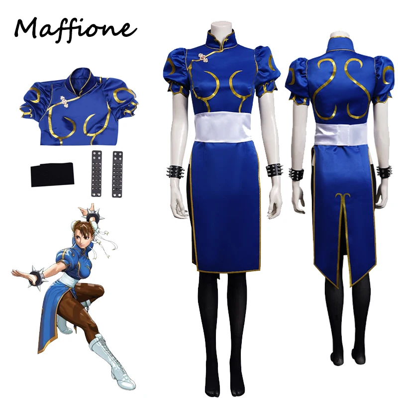 Chun Li Cosplay Dress Costume Game SF Role Play Blue Skirts Outfit Women Full Set Female Halloween Party Disguise Suit For Lady