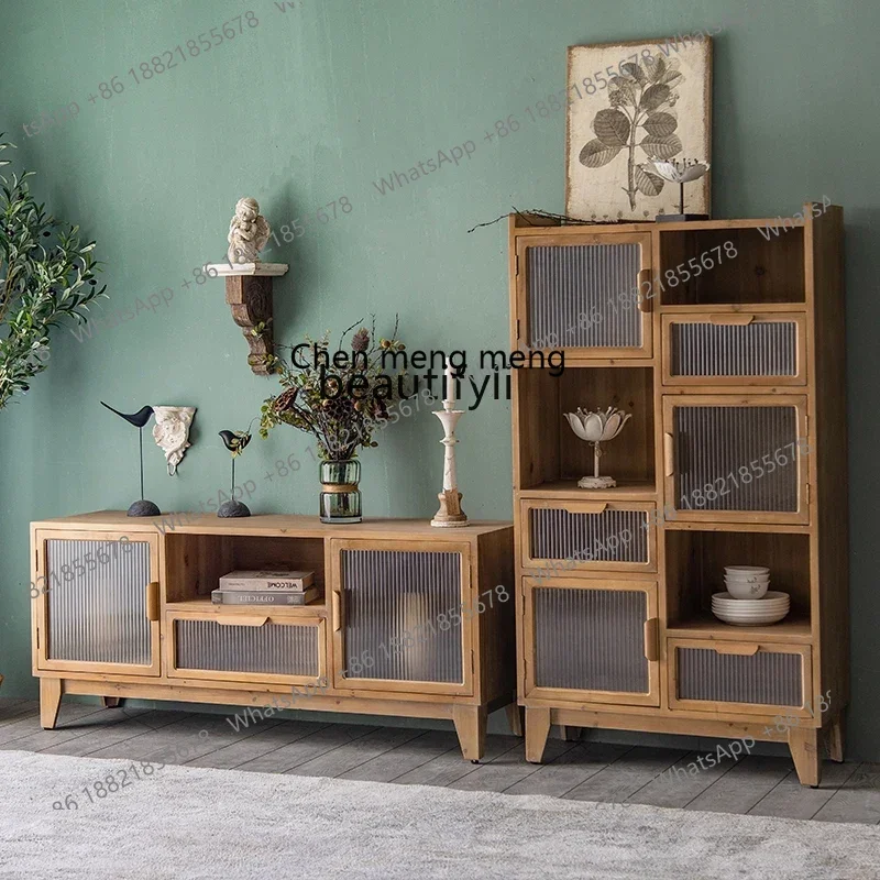 cn8350 LHY zq American Country Style Log Furniture Vintage Glass Surface Drawer Chest of Drawers B & B Sideboard Cabinet