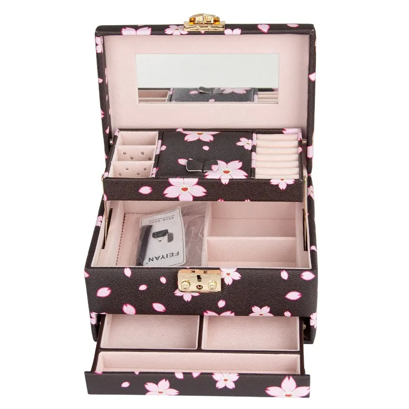 صندوق مجوهرات جلدي فاخر مرآة أقراط صناديق تخزين القلائد سعة كبيرة عرض حالة عرض المجوهرات متعددة الطبقات