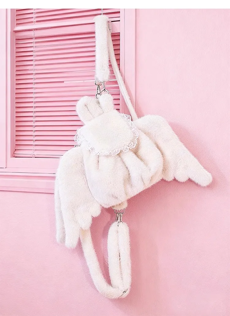 College Cute Angel Plush Wing Backpack Niche Personality Autumn Winter Women's Crossbody Bag Milky White Angel Shoulder Bag