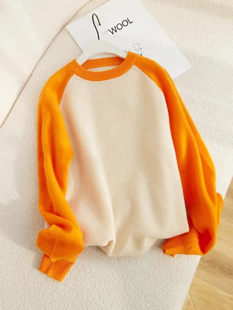 Children's 100% Merino Wool Sweater Boys Girls O-neck Pullover Contrast Sleeves Knitwear Autumn Winter Baby Kids Cashmere Tops