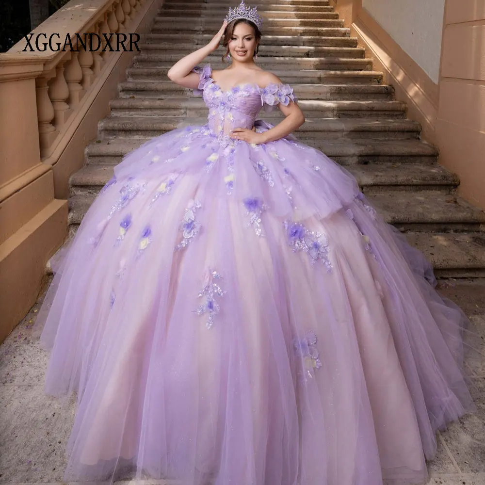 Customizd Purple Mexican Vestido De 15 Quinceañera Dress 2026 Ball Gown Prom Sweetheart Off Shoulder Flower Sweet 15 16 Birthday