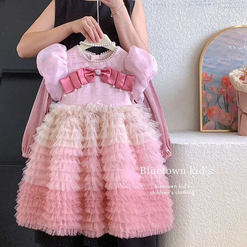 

Girls' Spring and Autumn New High-End Stylish Pink Gradient Cake High-End Dress Princess Gown