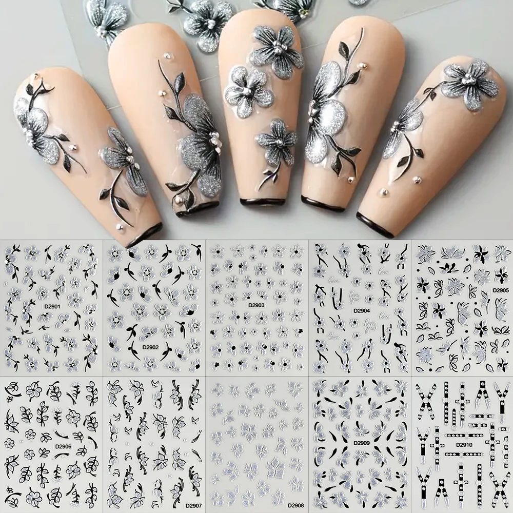 10 Uds. 5D brillo plateado flor de ciruelo decoración artística de uñas tinta floreciente diseño de cinturón calcomanías de uñas deslizadores de manicura autoadhesivos