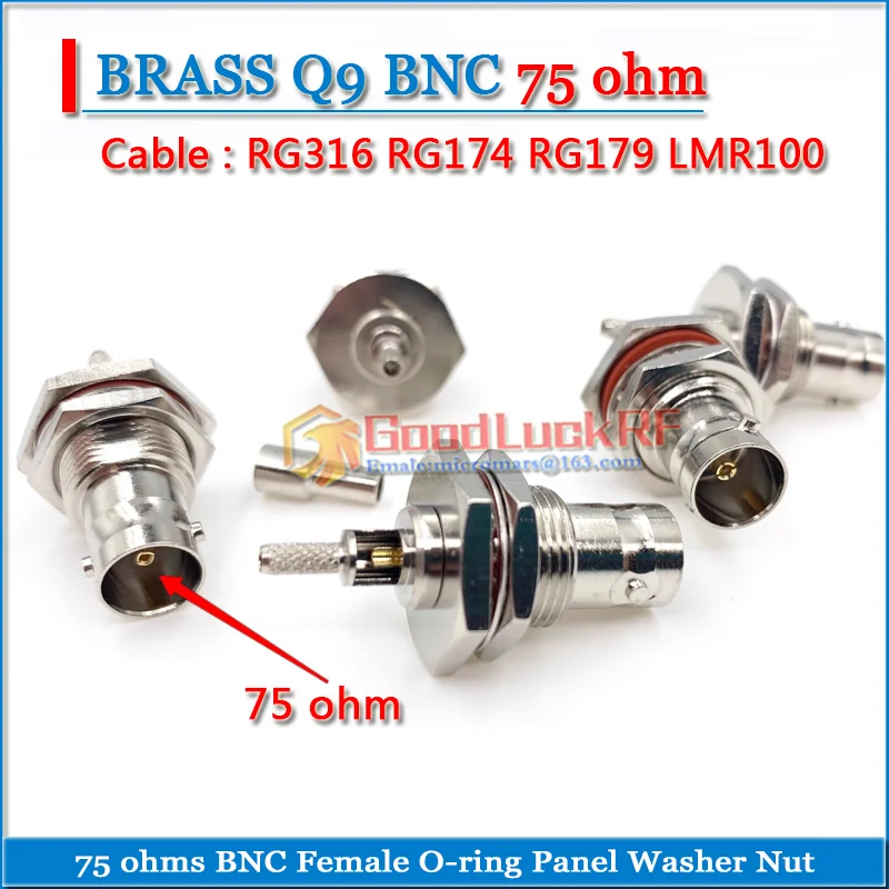 

75 ohm BNC Female O-ring Bulkhead Panel Mount Washer Nut Window Socket Crimp for RG174 RG316 RG179 LMR100 RF Connector Coaxial